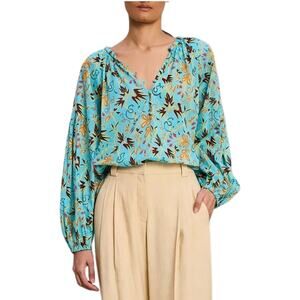 ALC Tropical Cotton Blouse Balloon Sleeve Turquoise 12 Resort Vacation Cruise